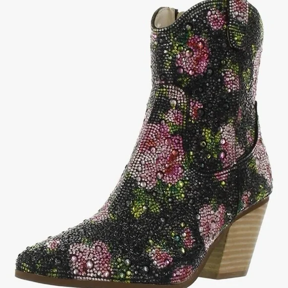 Betsy Johnson Black Floral Diva Western Embellished Ankle Boots - Picture 3 of 15